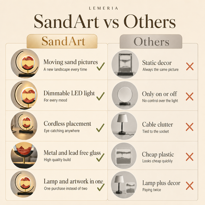SandArt vs others: moving sand pictures, dimmable LED light, cordless, metal and lead free glass