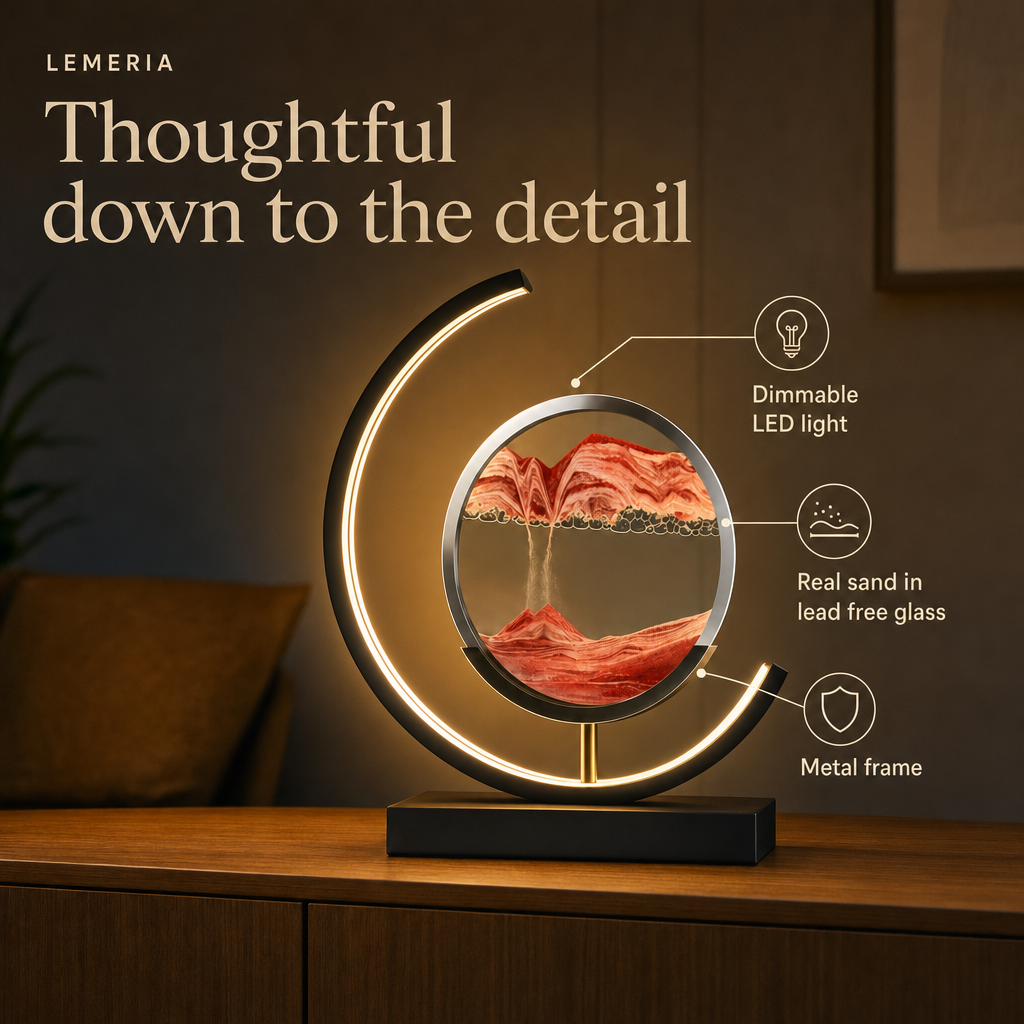 SandArt details: dimmable LED light, real sand in lead free glass, metal frame