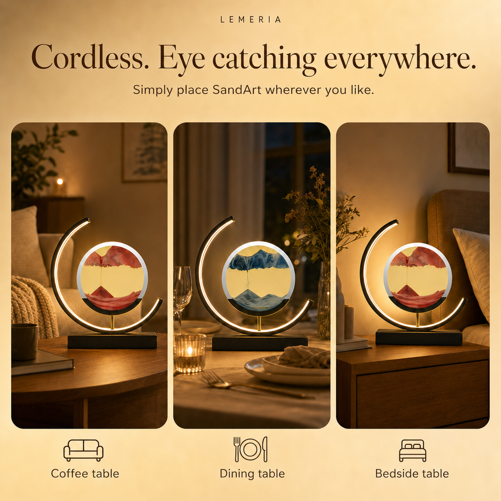 Cordless SandArt sand lamp on the coffee table, dining table and bedside table