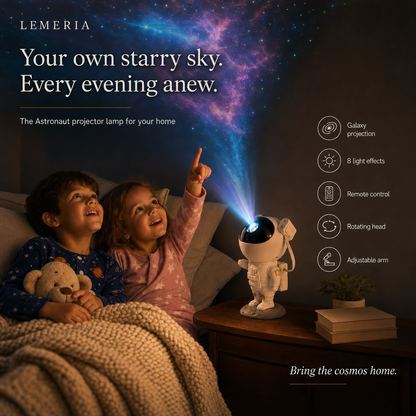 Boy and girl in bed amazed by the starry sky of the Astronaut projector in the kids room, galaxy projection with remote control