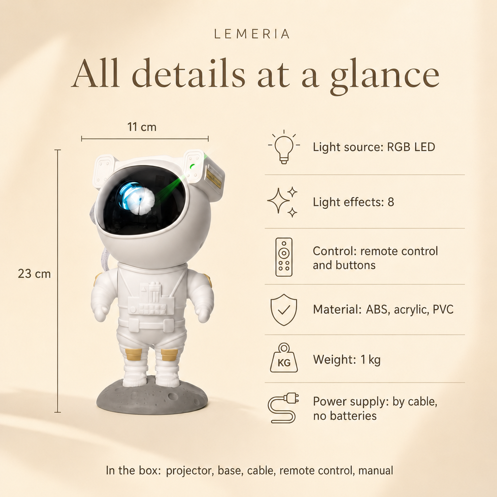 Astronaut projector specifications: 23 cm high, RGB LED, 8 light effects, remote control, 1 kg