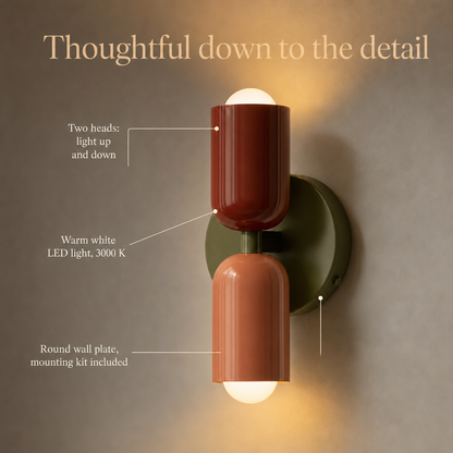Orion wall light details: two heads, warm white LED light 3000 K, round wall plate with mounting kit