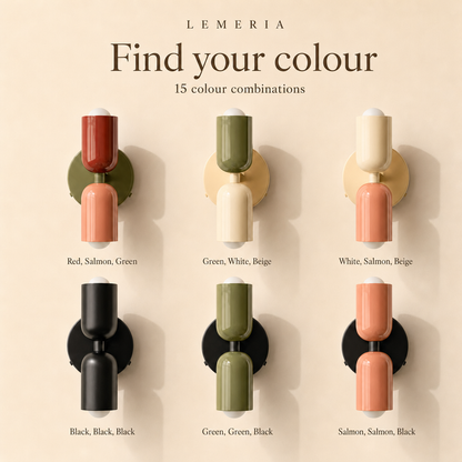 Orion wall lamp in 15 colour combinations: red, salmon, green, white, black and beige