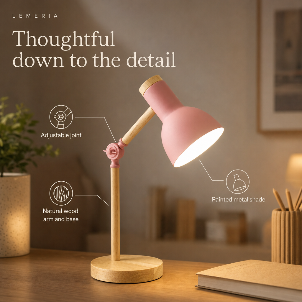 Scandi desk lamp details, adjustable joint, natural wood arm and base, painted metal shade