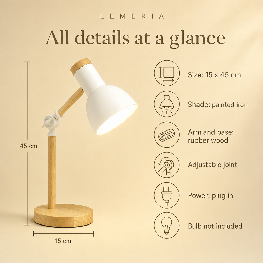 Scandi wooden desk lamp all details at a glance, 15 x 45 cm, iron shade, rubber wood