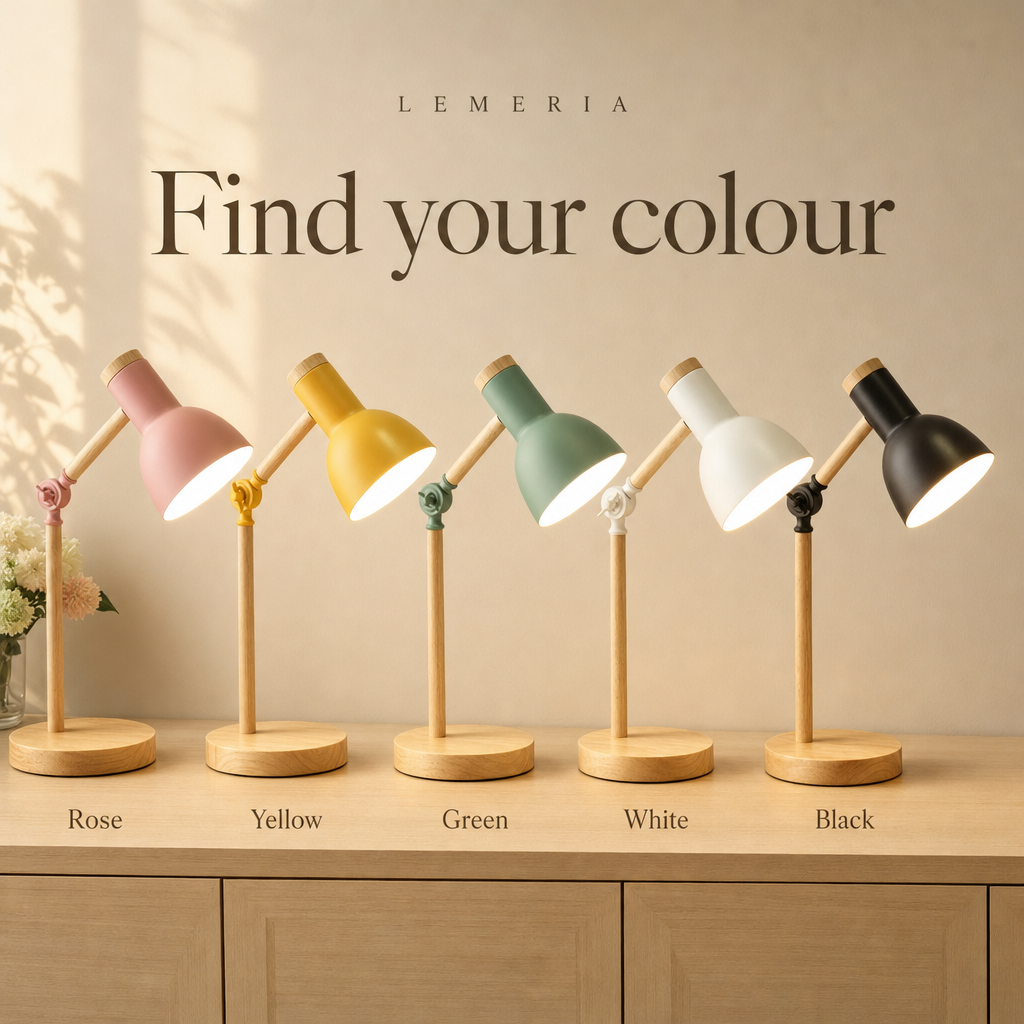 Scandi desk lamp colours rose, yellow, green, white and black