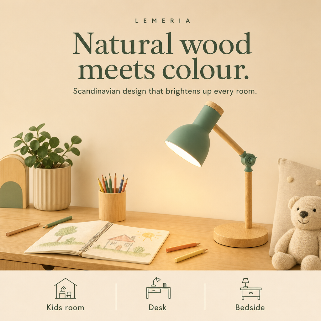 Scandi wooden desk lamp for kids room, desk and bedside
