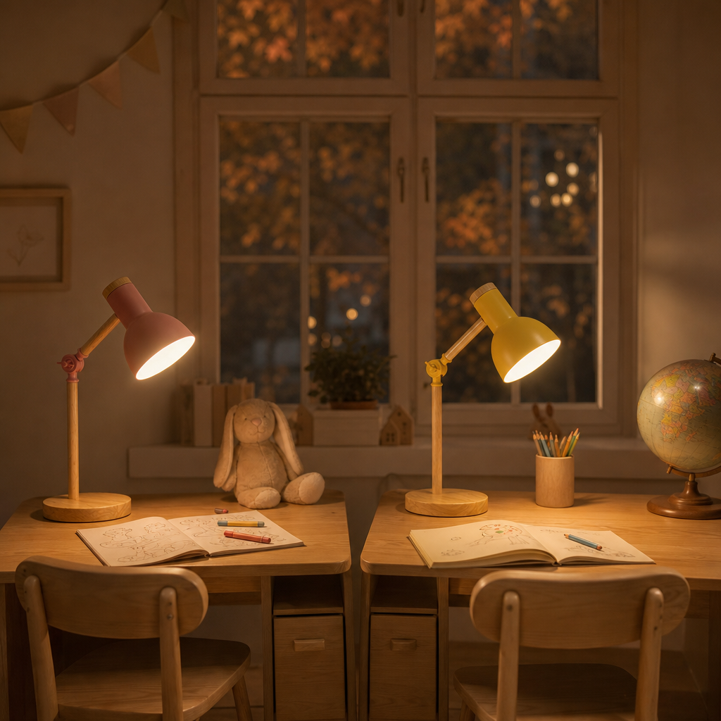 Two Scandi kids desk lamps in rose and yellow on two kids desks