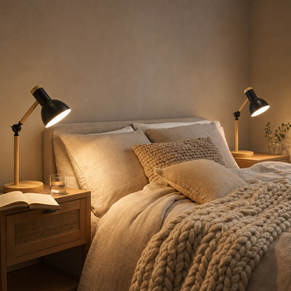 Two black Scandi table lamps as bedside lamps in the bedroom