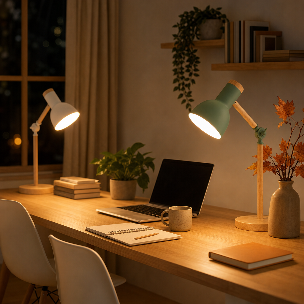 Two Scandi Nordic desk lamps in green and white in a cosy home office
