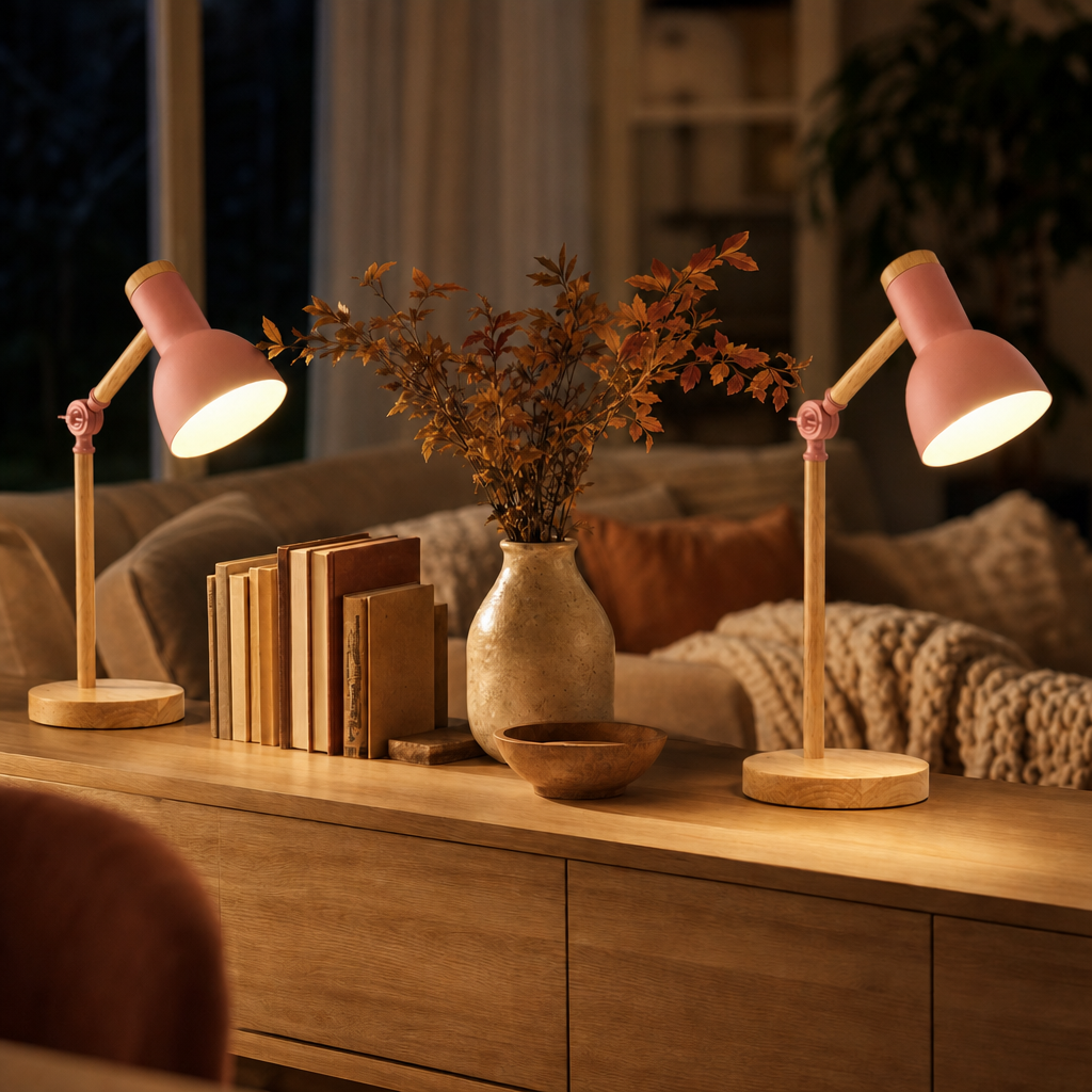 Two rose Scandi table lamps on a sideboard in a cosy living room