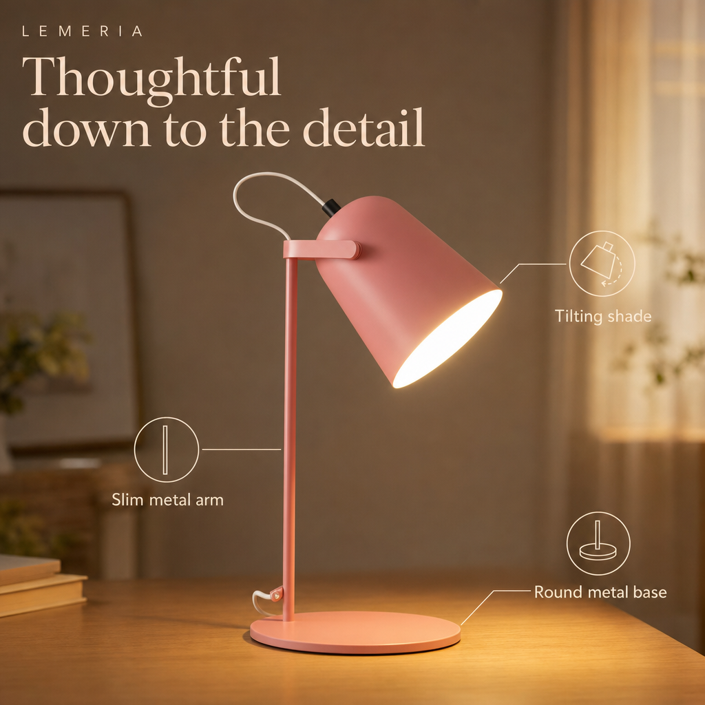 Macaron desk lamp details, tilting shade, slim metal arm, round metal base