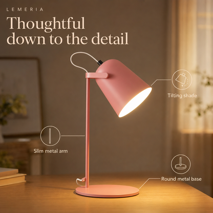 Macaron desk lamp details, tilting shade, slim metal arm, round metal base