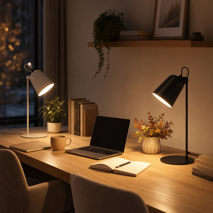 Two Macaron metal table lamps in grey and black in a home office