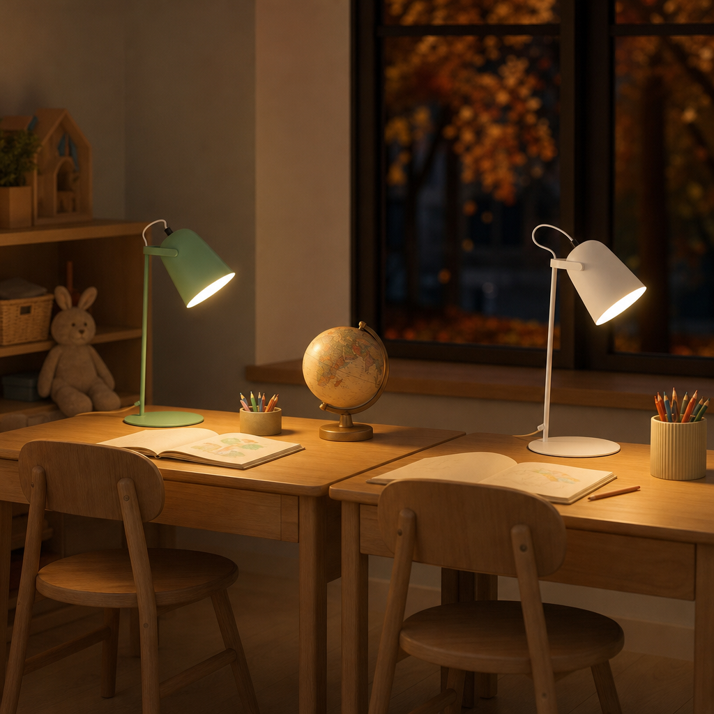 Two Macaron desk lamps in green and white on two kids desks