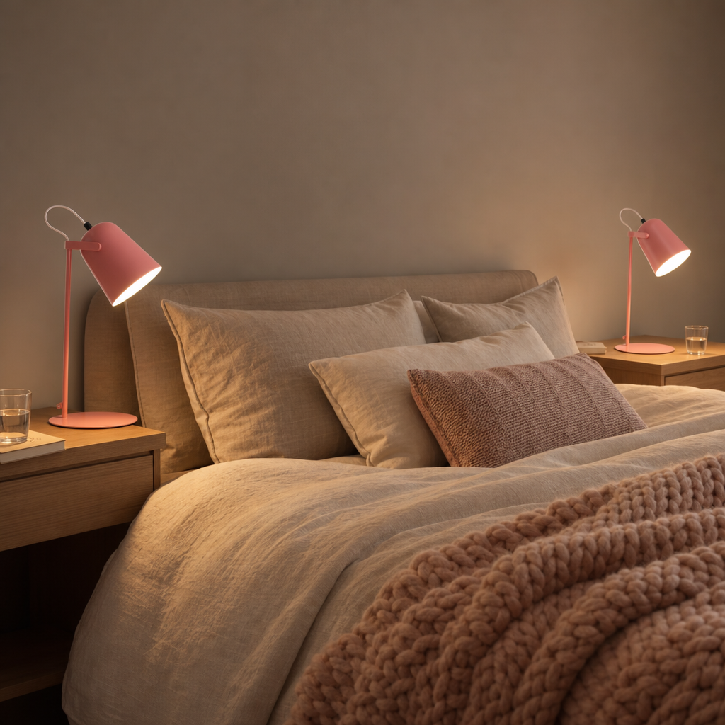Two rose Macaron bedside lamps on nightstands in a cosy bedroom