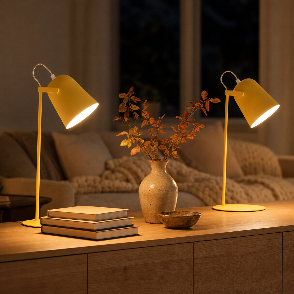 Two yellow Macaron table lamps on a sideboard in a cosy living room
