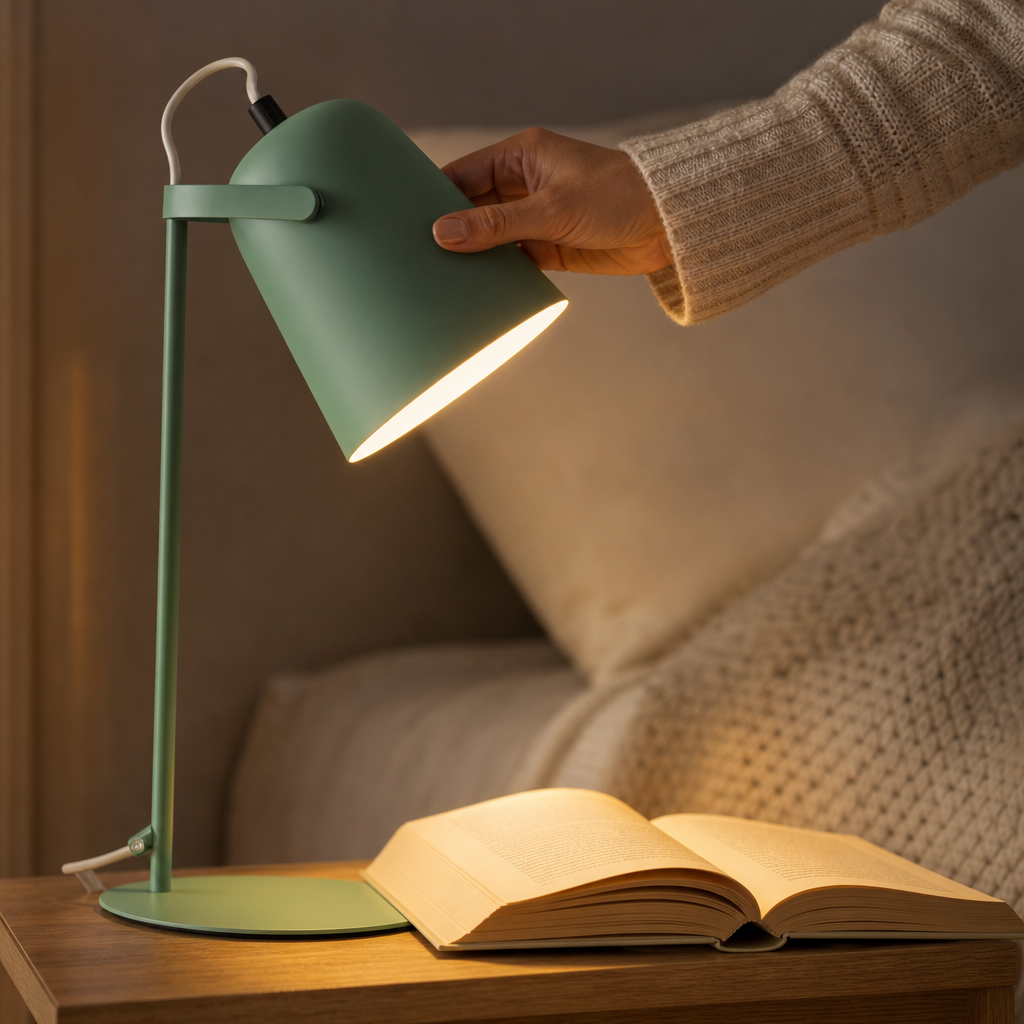 Hand tilts the shade of the green Macaron reading lamp