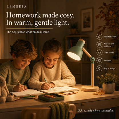 Wooden desk lamp for kids Scandi, boy and girl doing homework in warm light