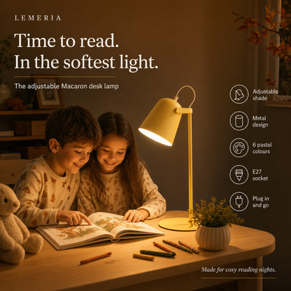 Nordic desk lamp Macaron, boy and girl reading together in soft warm light