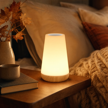 Rechargeable LED night light LumiMood with wood look base glowing warm on a bedside table