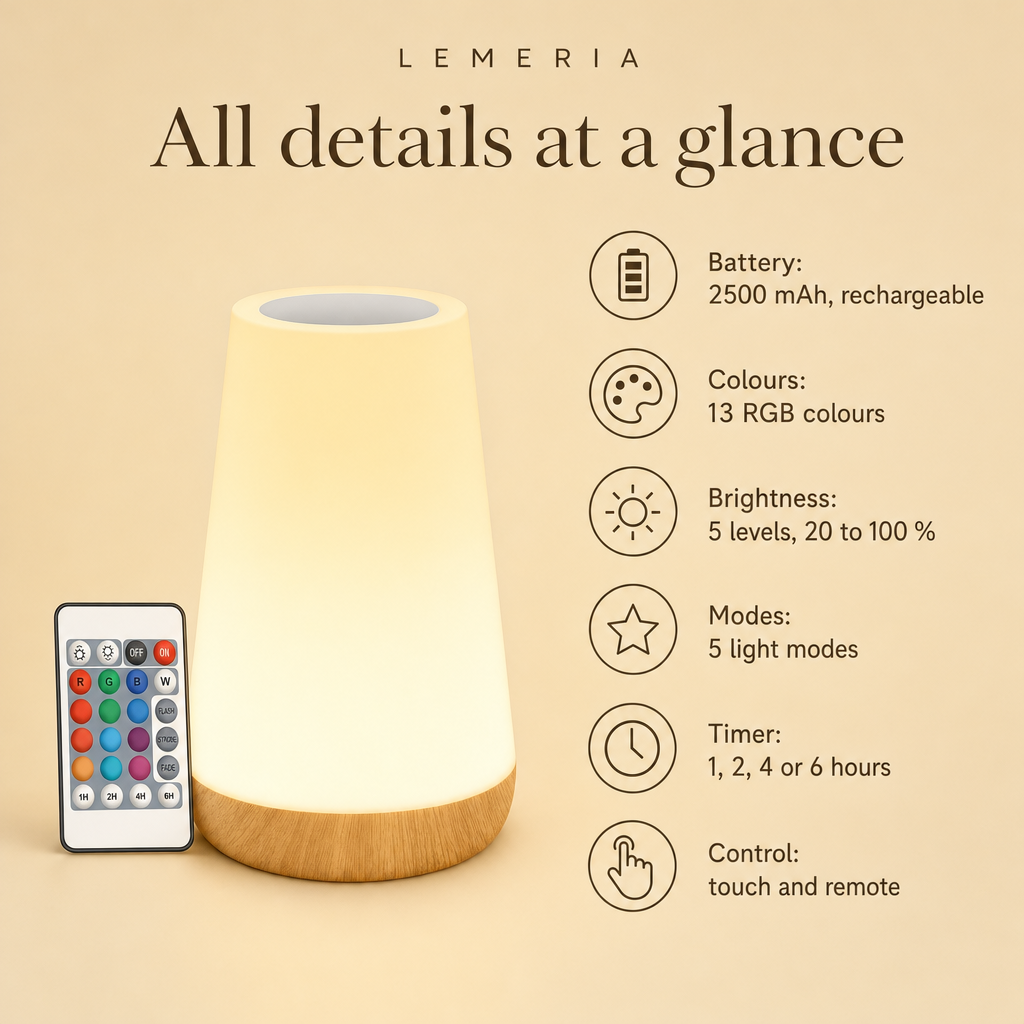 LumiMood all details at a glance, 2500 mAh battery, 13 colours, 5 brightness levels, timer
