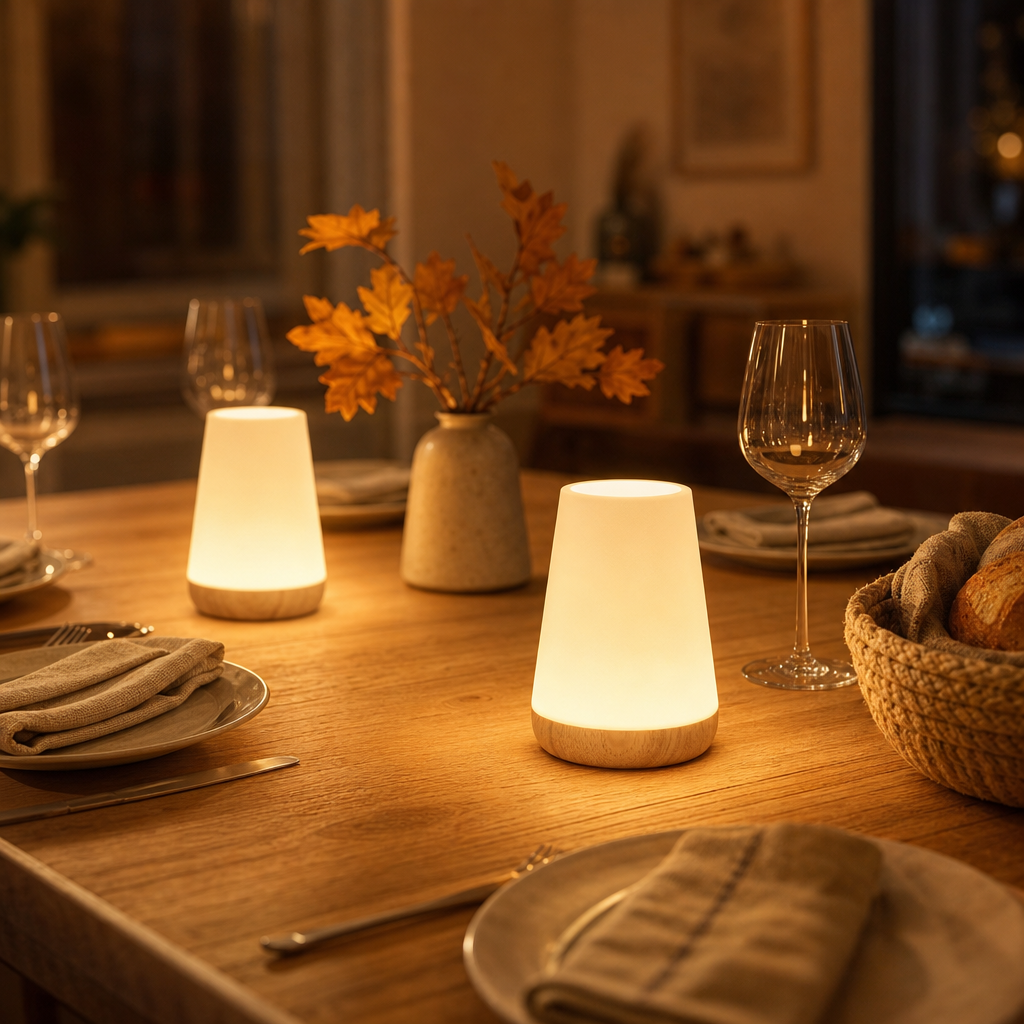 Two LumiMood LED table lamps on a laid dining table