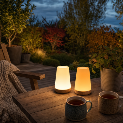 Two LumiMood cordless lamps on a garden terrace table at dusk