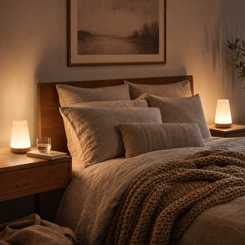 Two LumiMood bedside lamps on nightstands in a cosy bedroom