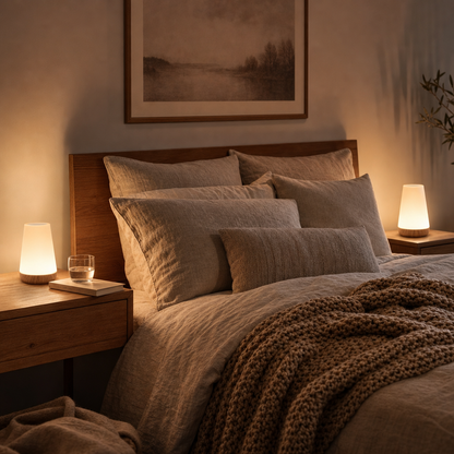 Two LumiMood bedside lamps on nightstands in a cosy bedroom