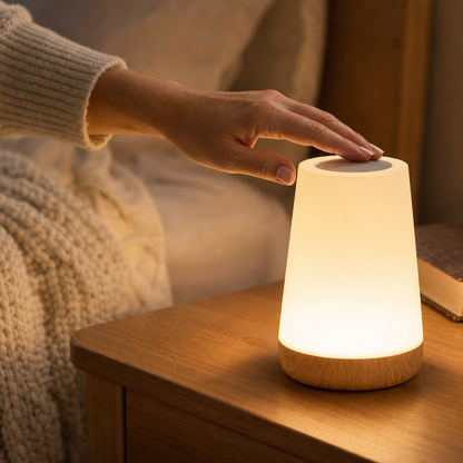 Hand touches the top of the LumiMood touch night light