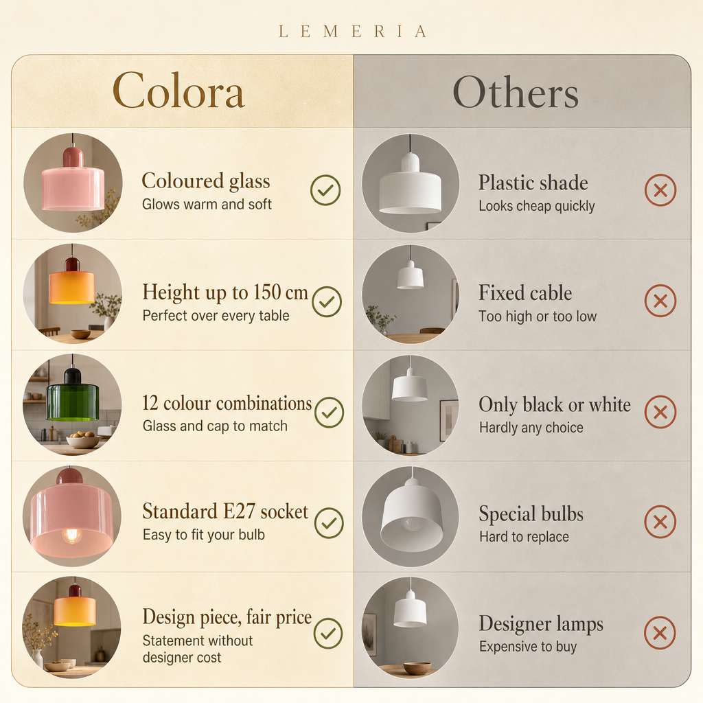 Colora vs others, Bauhaus coloured glass pendant light compared