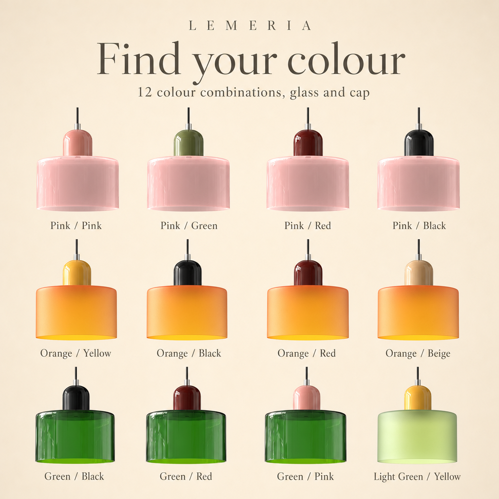Colora Bauhaus pendant light in 12 colour combinations of glass and cap