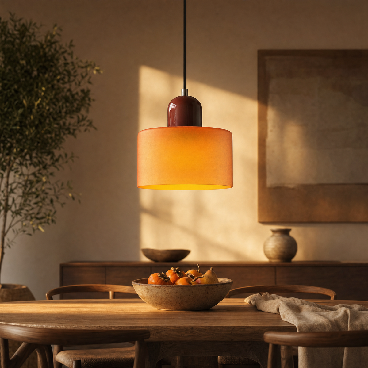 Bauhaus glass pendant light Colora with orange glass drum glowing above a dining table