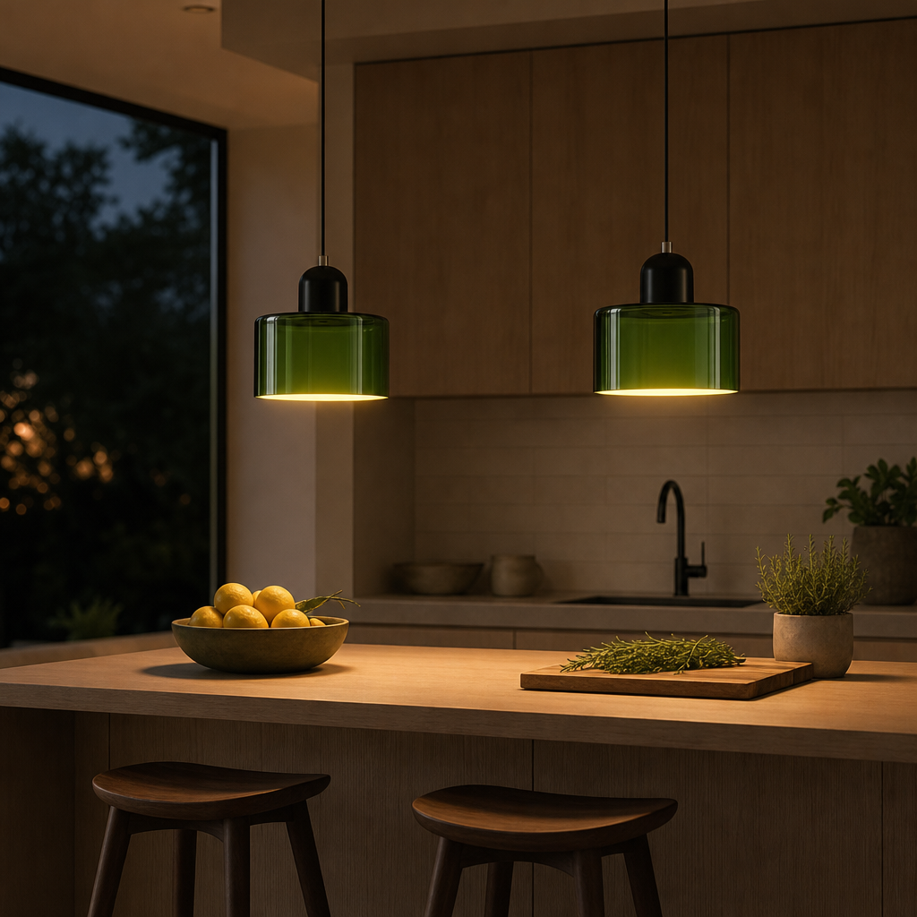 Two Colora Bauhaus pendant lights above a kitchen island