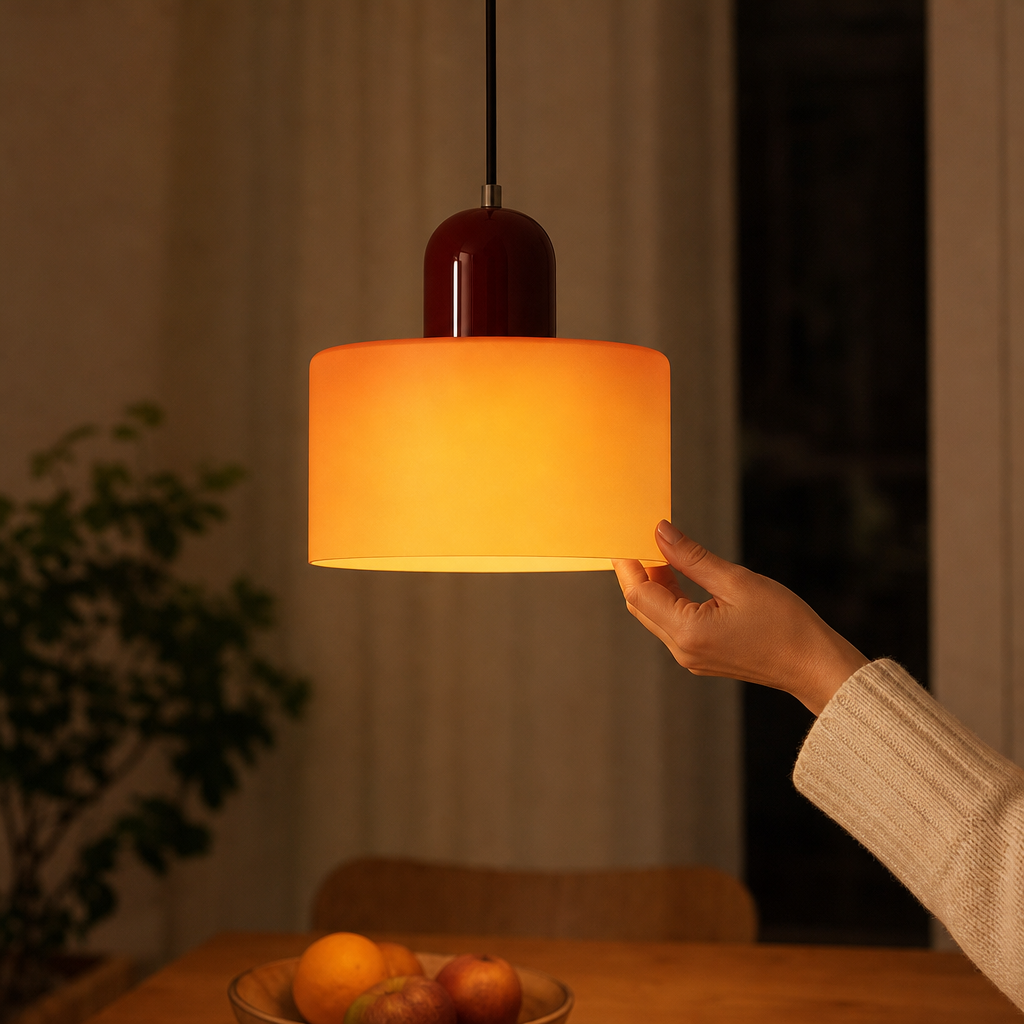 Hand straightens the Colora glass pendant light above the table