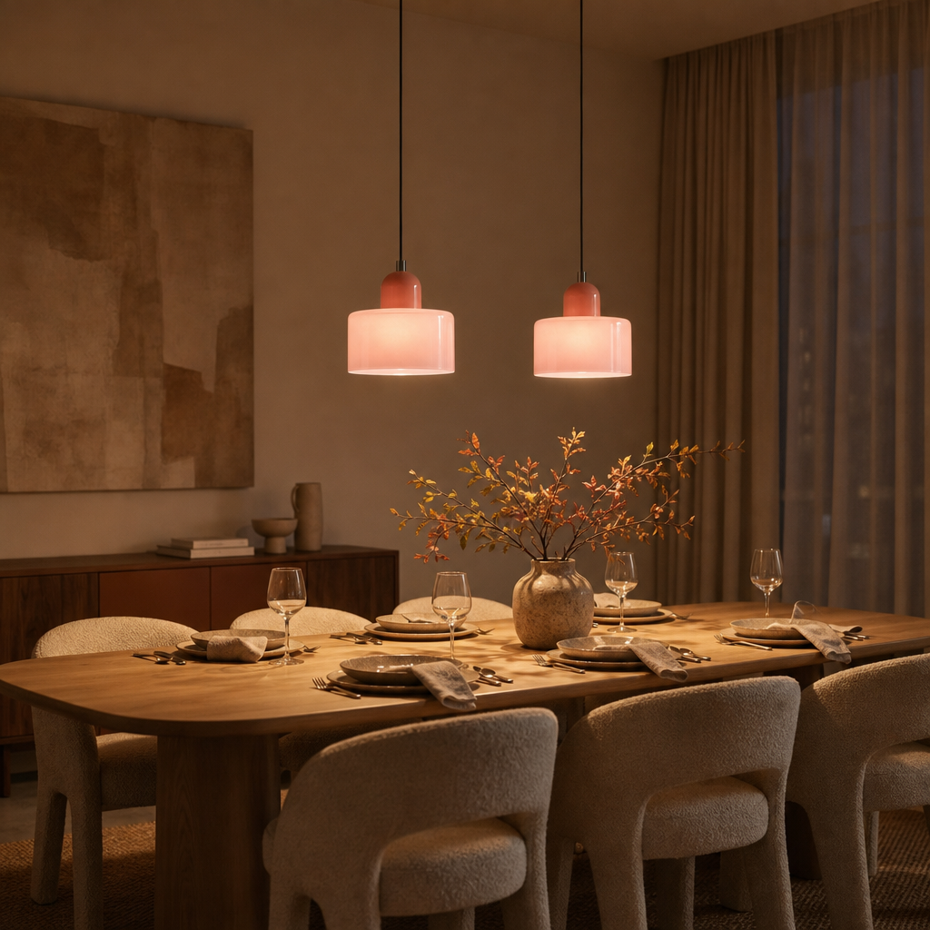 Two Colora glass pendant lights above a laid dining table
