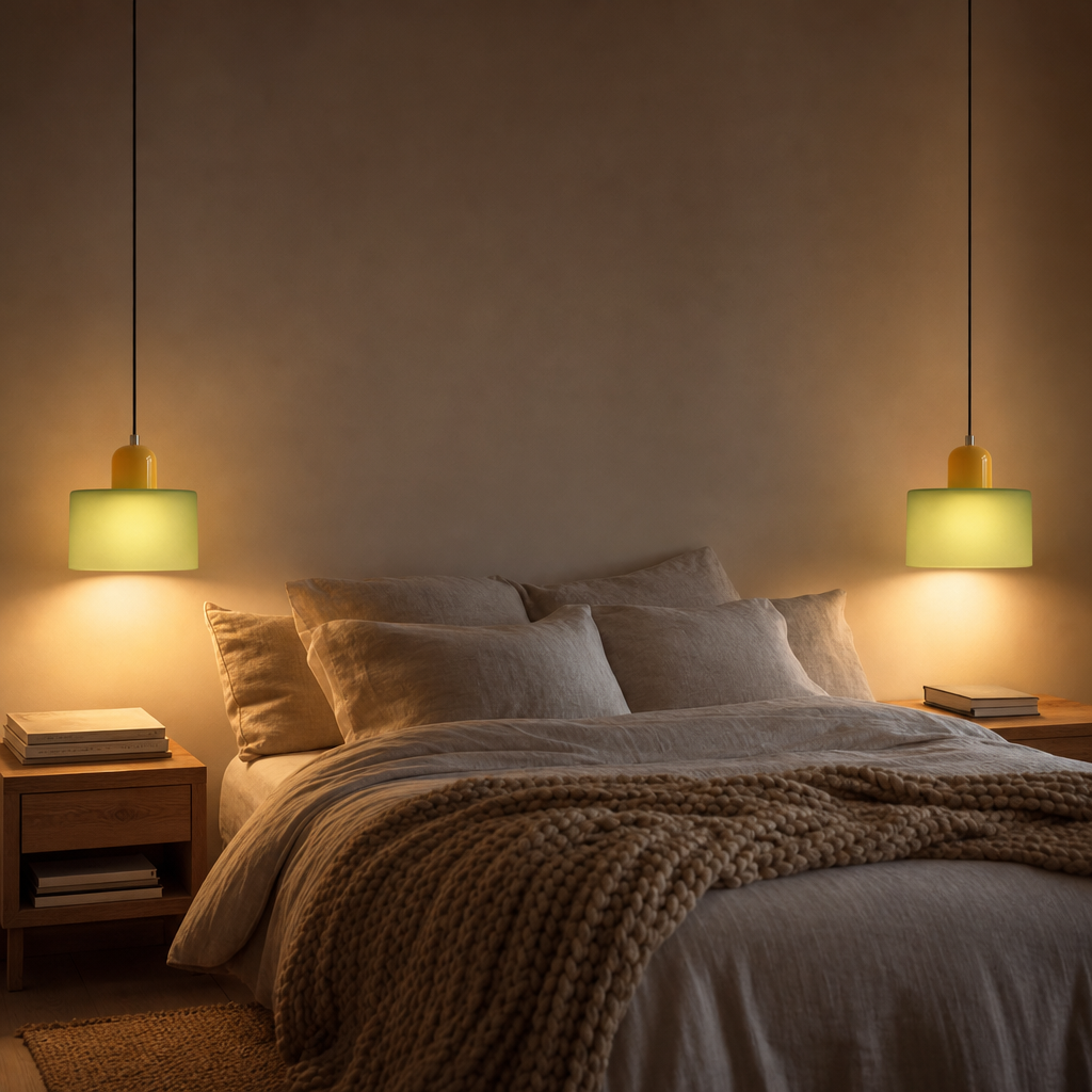 Two Colora glass pendants as bedside lights in the bedroom