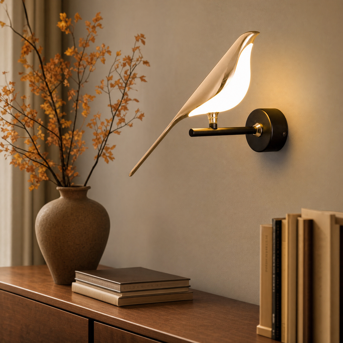 LED bird wall light Avia in gold with glowing acrylic body on a warm wall