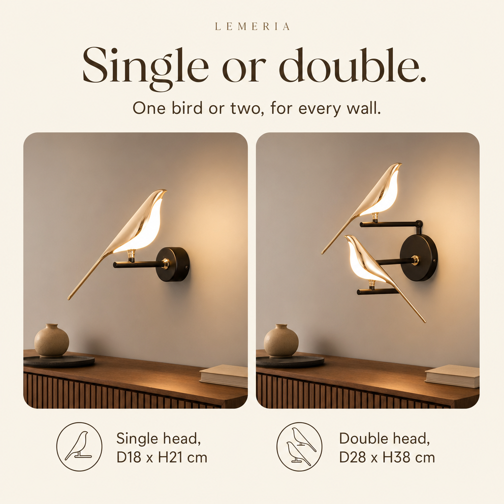 Avia bird wall light single or double, D18 x H21 cm and D28 x H38 cm