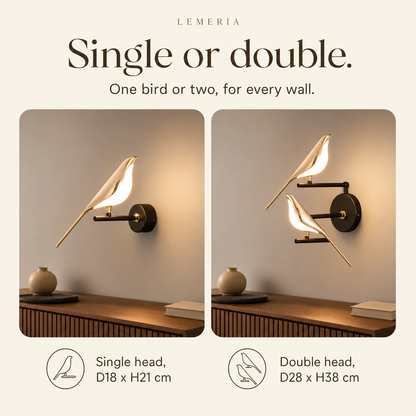 Avia bird wall light single or double, D18 x H21 cm and D28 x H38 cm