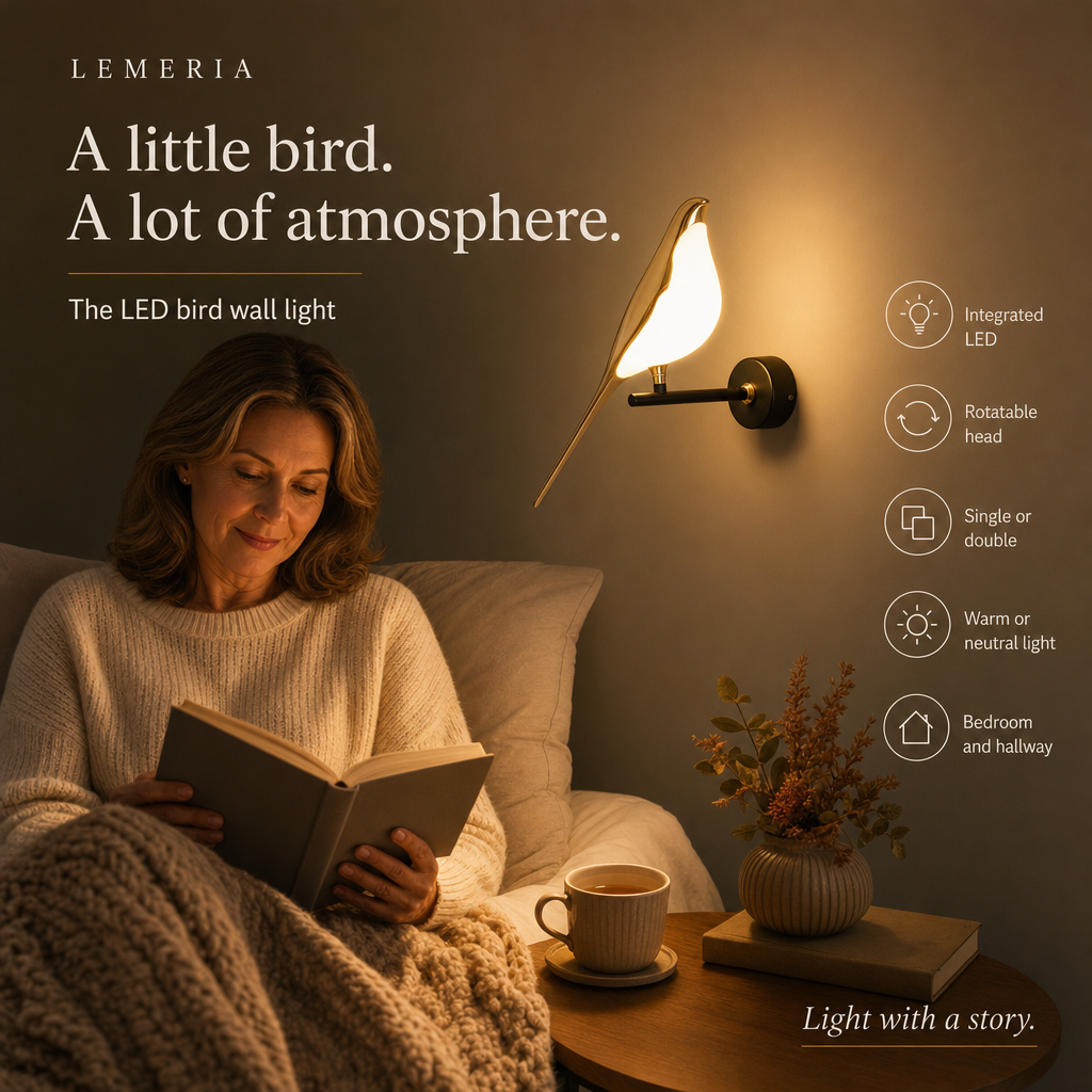 Woman reading in bed next to the Avia LED bird wall light