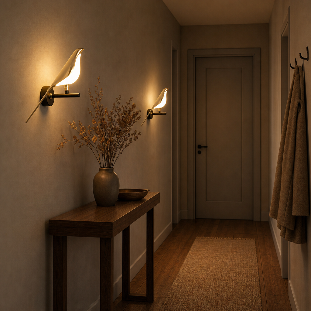 Two Avia LED bird wall lights in the hallway above a console table