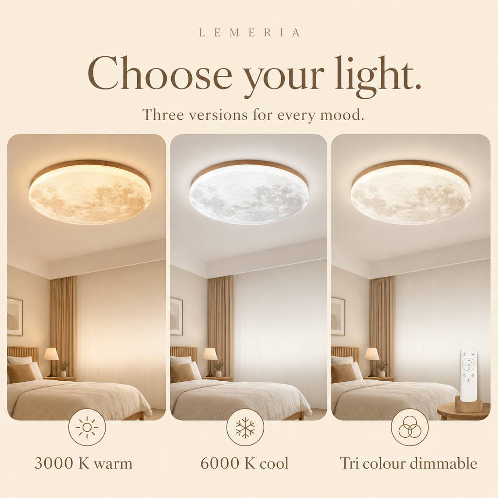 Luna ceiling light in 3000 K warm, 6000 K cool or tri colour dimmable