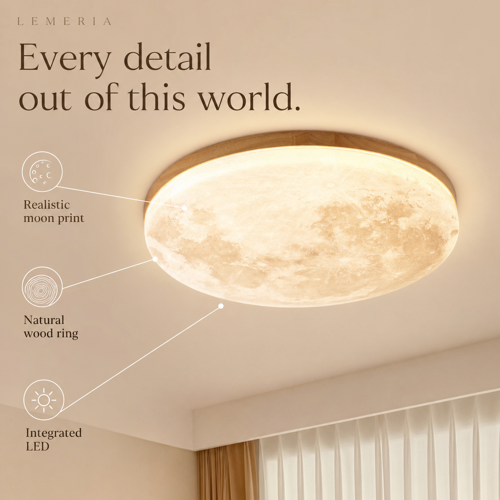 Luna details, realistic moon print, natural wood ring, integrated LED