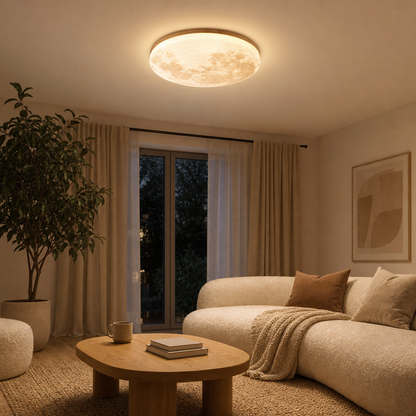 Large Luna moon ceiling light in a cozy living room