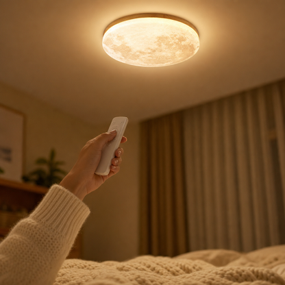 Hand dims the Luna moon ceiling light with the remote control