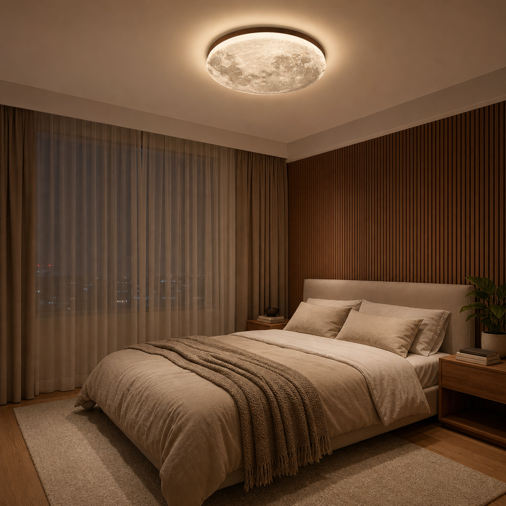 Luna moon ceiling light with dark wood frame in a modern bedroom