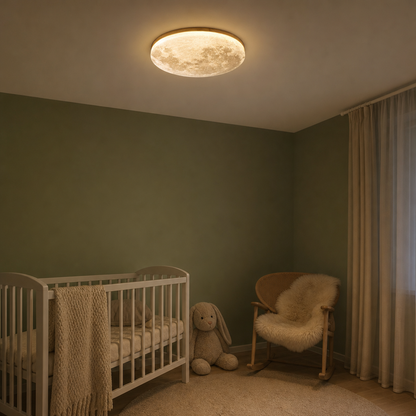 Luna moon ceiling light in a calm nursery above the baby crib