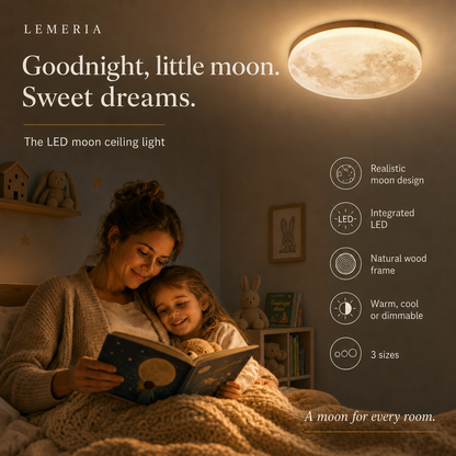 Mother and daughter reading in bed under the Luna moon ceiling light